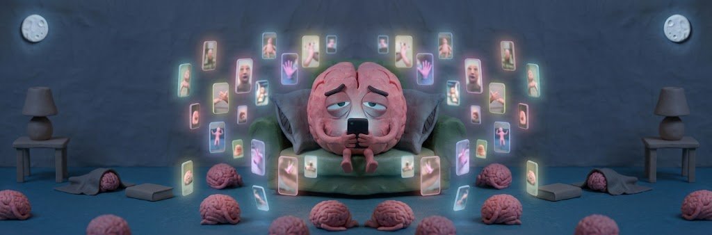 A clay brain on a couch, scrolling its phone while glowing video screens float around it