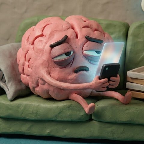 The Brainrot mascot, a tired clay brain scrolling on its phone